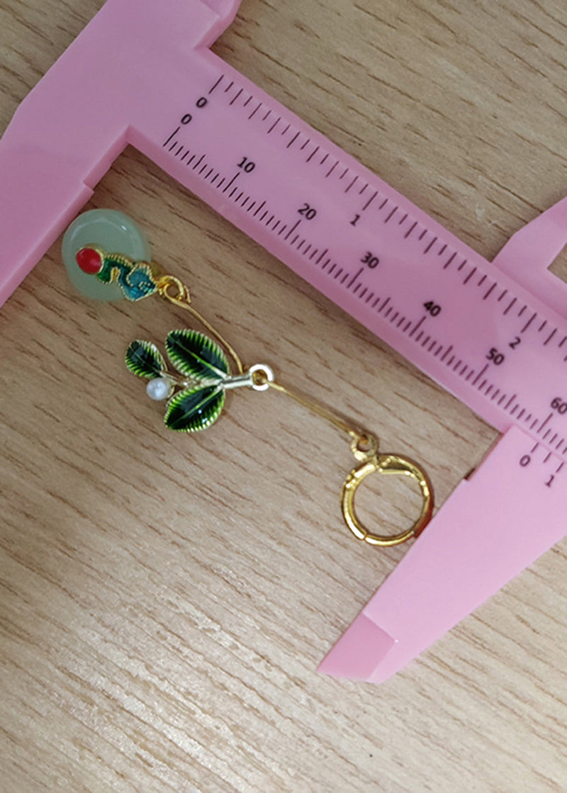 Green Leaf Metal Fine Circular Jade Drop Earrings