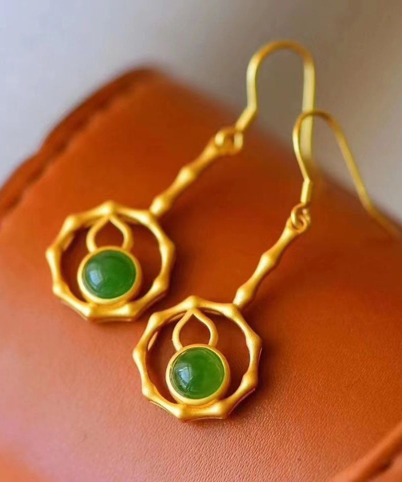Green Sterling Silver Overgild Jade Gourd Drop Earrings