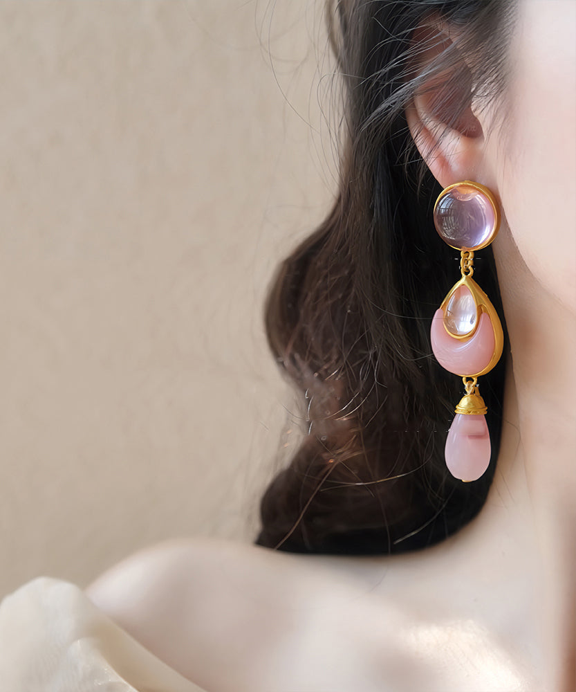 Pink Sterling Silver Overgild Crystal Coloured Glaze Water Drop Drop Earrings Gh1069
