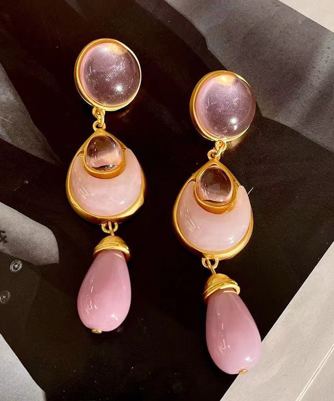 Pink Sterling Silver Overgild Crystal Coloured Glaze Water Drop Drop Earrings Gh1069
