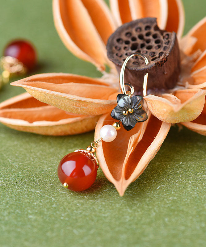 Red Agate Pearl Shell Flower Silver Drop Earrings