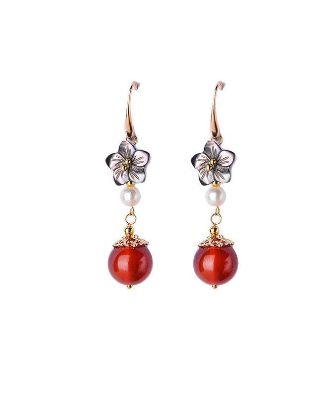 Red Agate Pearl Shell Flower Silver Drop Earrings