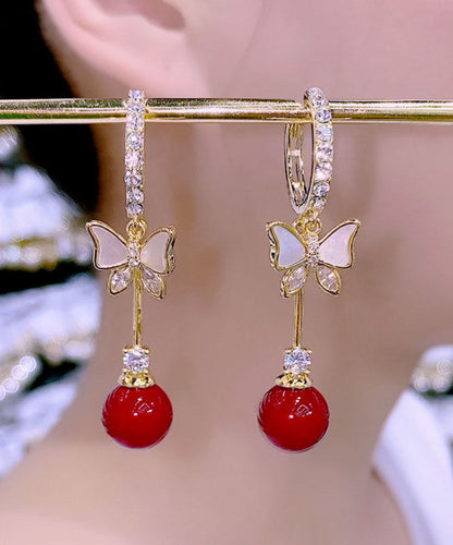 Red Alloy Zircon Pearl Shell Butterfly Drop Earrings