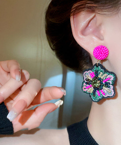 Rose Hand Woven Alloy Beads Embroidery Drop Earrings Gh1023