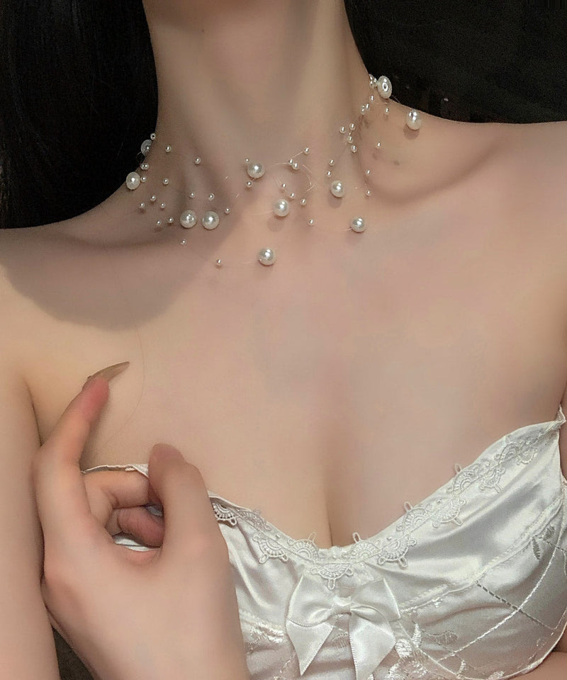 White Alloy Multi Layer Pearl Starry Sky Princess Necklace Ya025