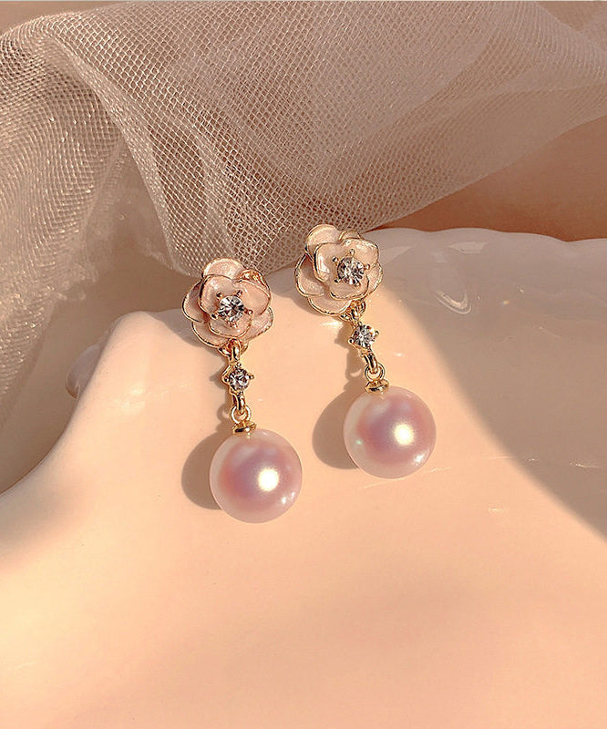 White Copper Alloy Pearl Camellia Drop Earrings