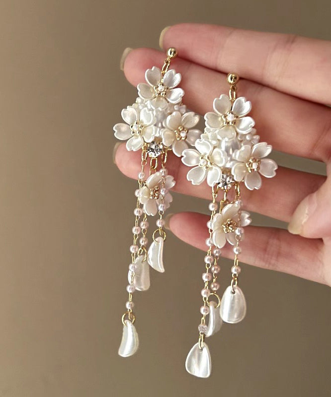 White Copper Overgild Pearl Tassel Drop Earrings
