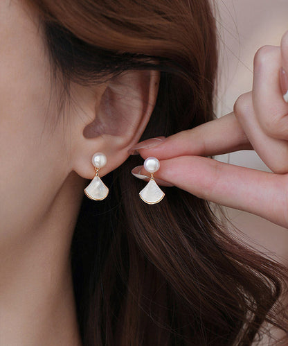White Copper Overgild Pearl Shell Fan-shaped Stud Earrings
