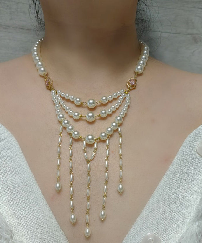 White Copper Overgild Pearl Tassel Lariat Necklace