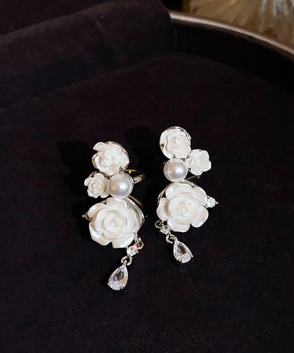 White Copper Zircon Pearl Camellia Flower Drop Earrings