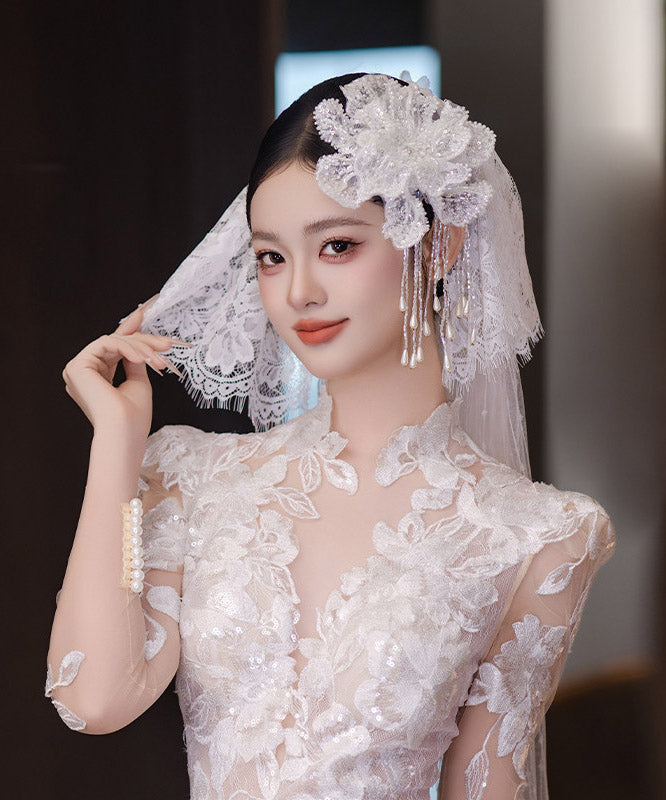 White Lace Double-layer Sequins Tassel Single Hairpin