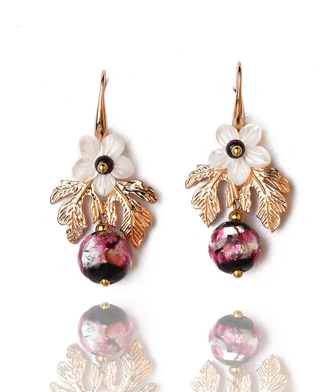 White Shell Flower Red Coloured Glaze Metal Drop Earrings
