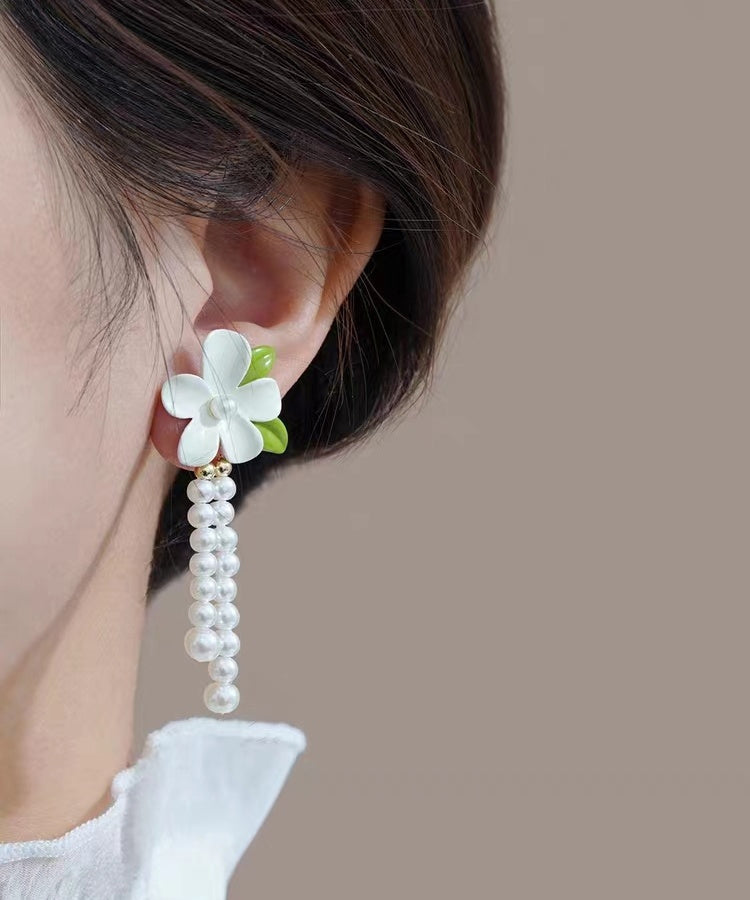 White Sterling Silver Alloy Pearl Tassel Drop Earrings