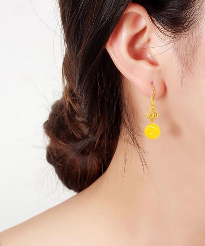 Yellow Silver Inlaid Beeswax Ball Drop Earrings