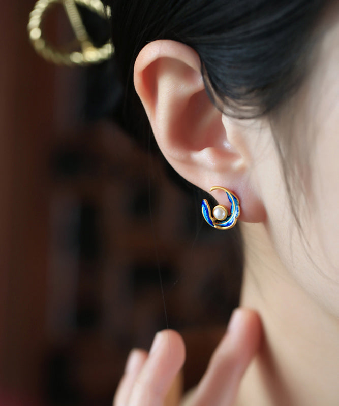 Colorblock Copper Alloy Pearl Feather Hoop Earrings