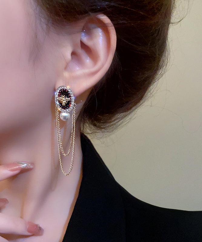 Gold Alloy Pearl Crystal Zircon Tassel Drop Earrings