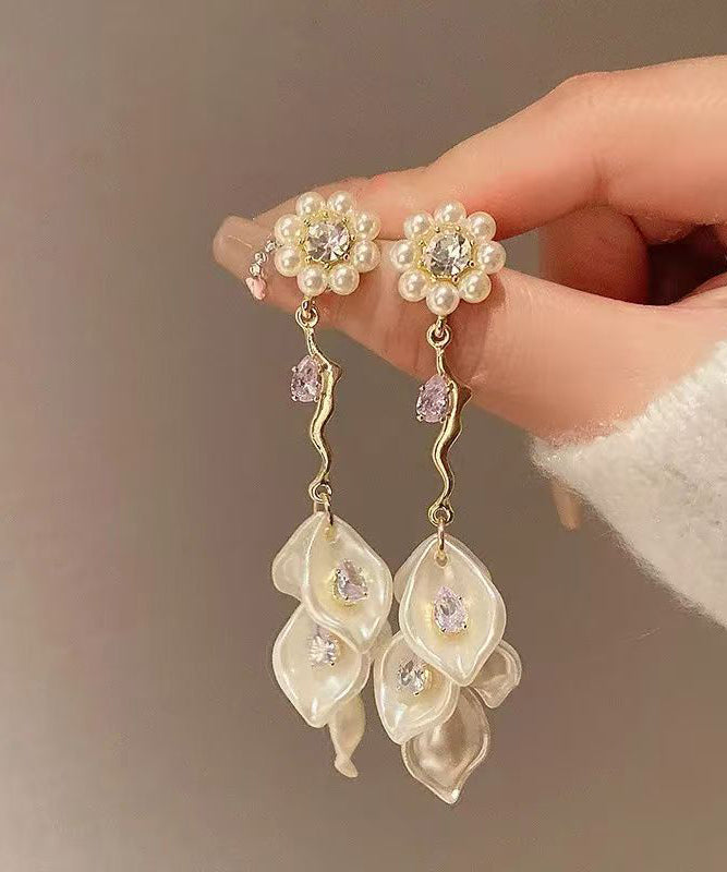 Gold Alloy Zircon Pearl Tassel Drop Earrings