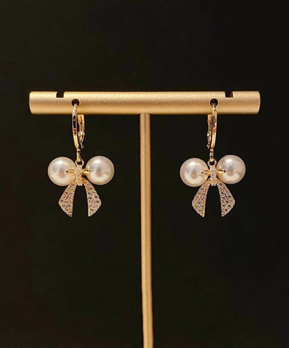 Gold Copper Alloy Zircon Patchwork Bow Pearl Hoop Earrings