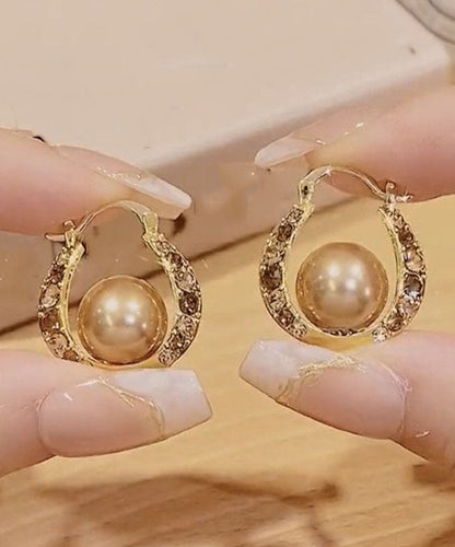 Gold Copper Alloy Zircon Pearl Hoop Earrings
