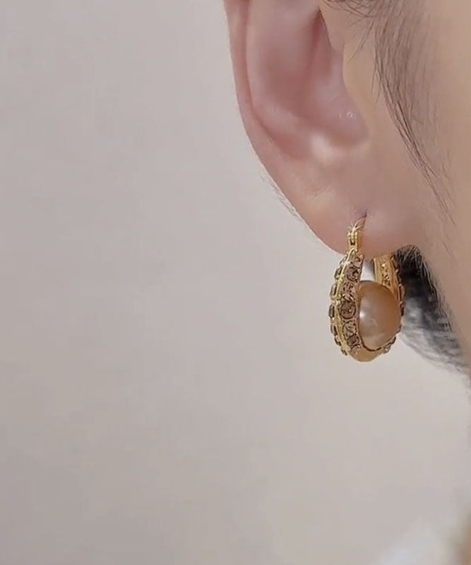 Gold Copper Alloy Zircon Pearl Hoop Earrings
