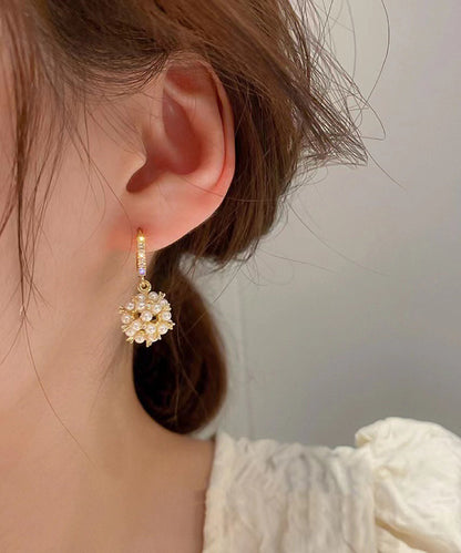 Gold Copper Overgild Zircon Spherical Pearl Drop Earrings