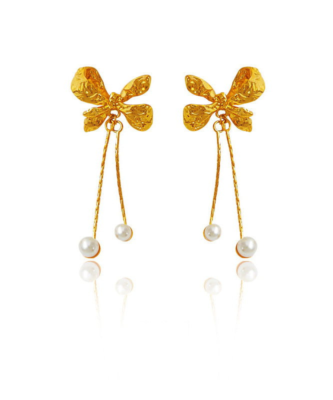 Gold Copper Pearl Bow Tassel Drop Earrings