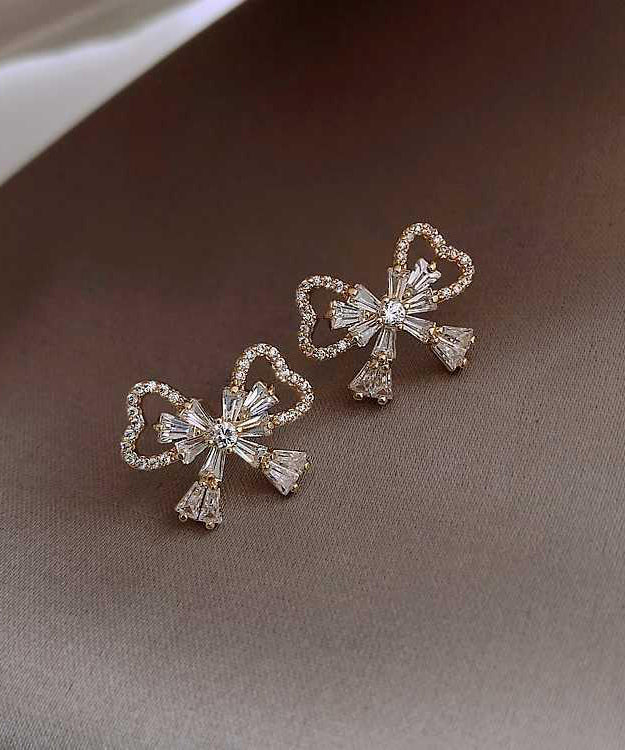 Gold Sterling Silver Alloy Zircon Bow Stud Earrings