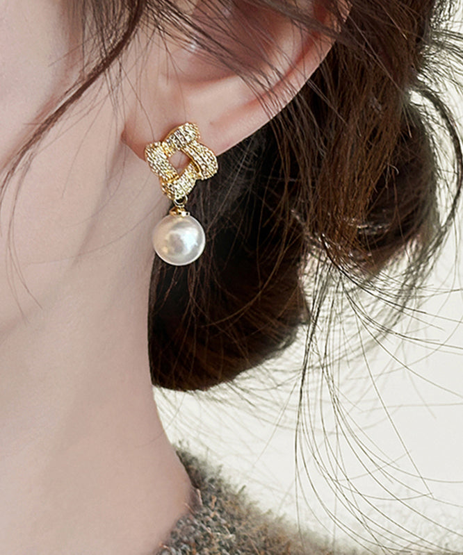 Gold Sterling Silver Alloy Zircon Pearl Square Drop Earrings
