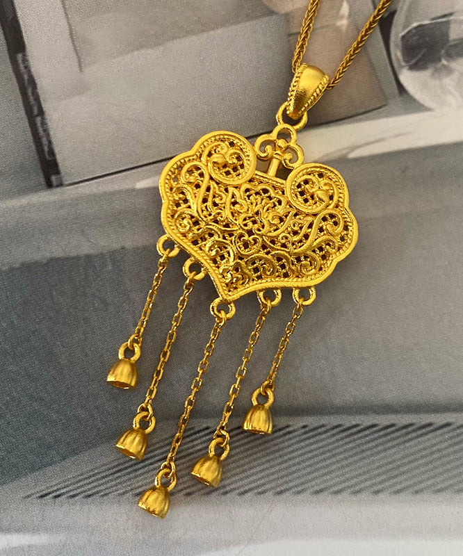 Gold Sterling Silver Overgild Lucky Lock Tassel Pendant Necklace