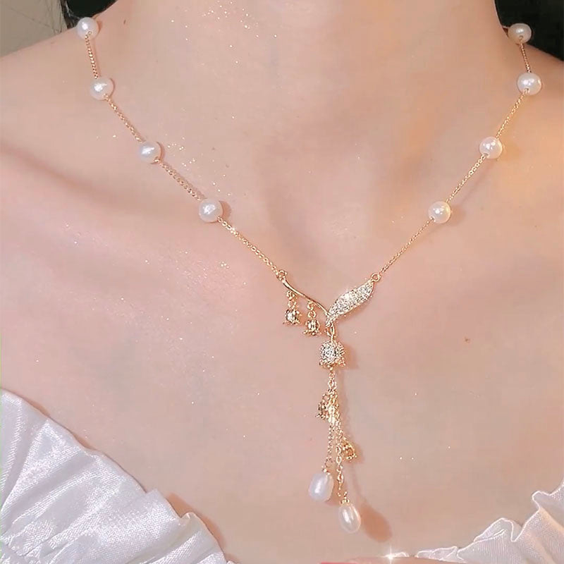 Gold Sterling Silver Overgild Pearl Zircon Bell Orchid Tassel Pendant Necklace