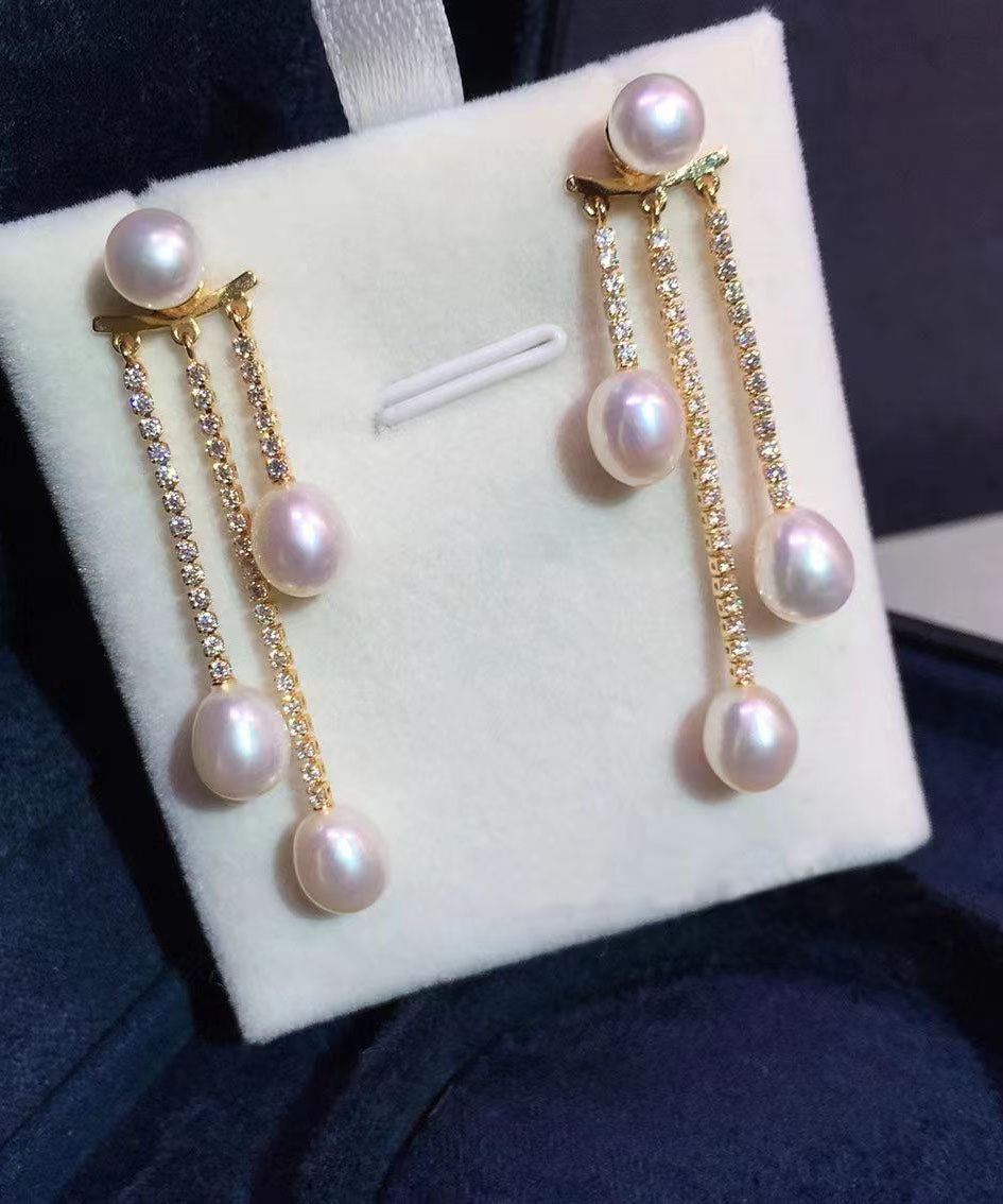 Gold Sterling Silver Overgild Zircon Pearl Tassel Drop Earrings