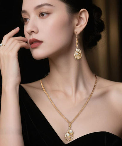 Gold Zircon Drop Earrings ,rings and Pendant Necklace Three-piece Set