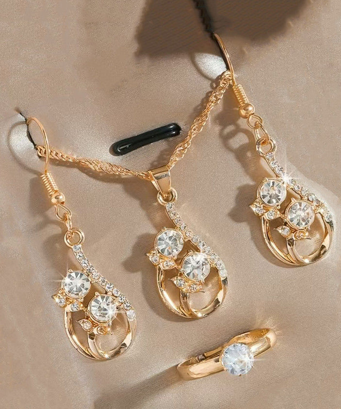 Gold Zircon Drop Earrings ,rings and Pendant Necklace Three-piece Set