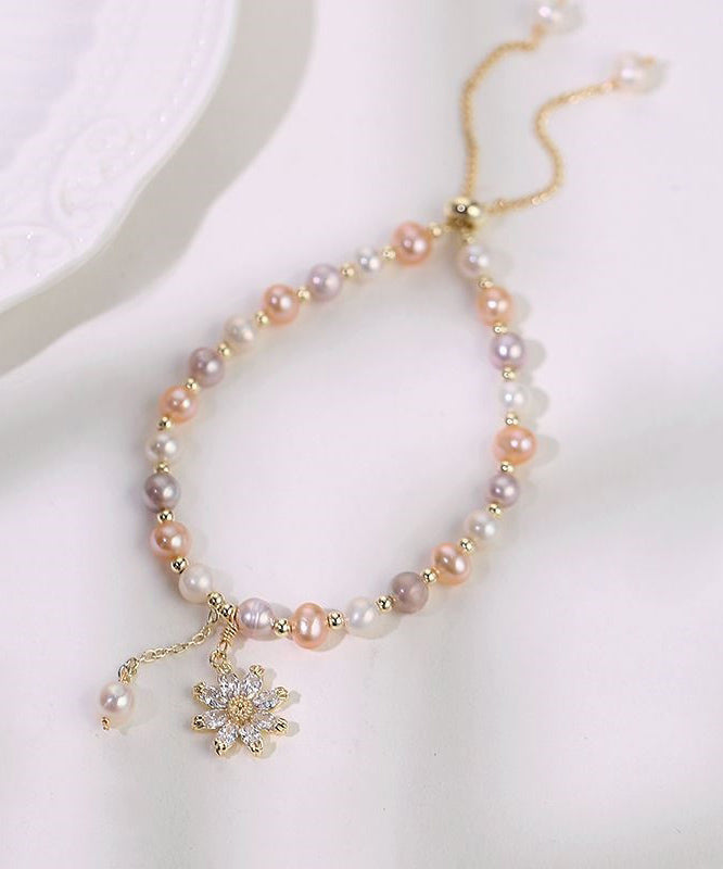 Multicolour Sterling Silver Overgild Zircon Pearl Sunflower Tassel Charm Bracelet