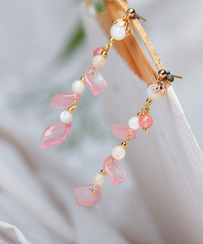 Pink Petal Crystal 14k Gold Drop Earrings