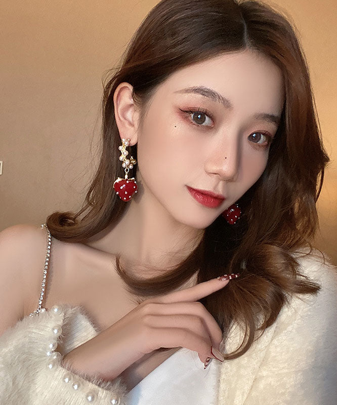 Red Alloy Zircon Jade Strawberry Drop Earrings
