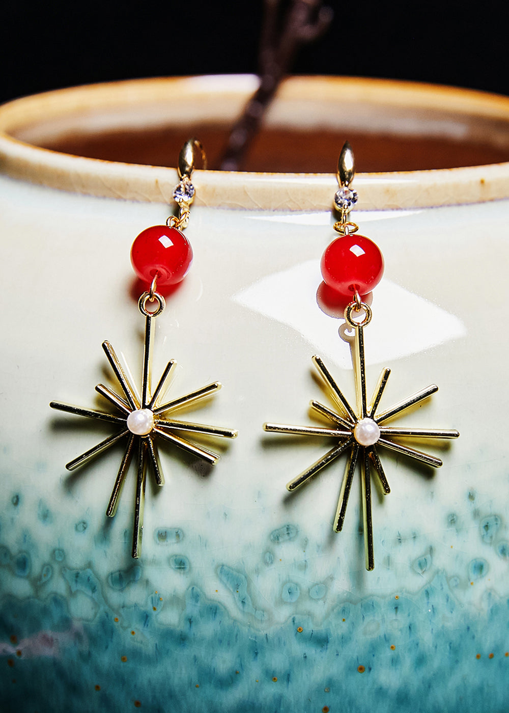 Red Gem Stone Fireworks Shape Drop Earrings