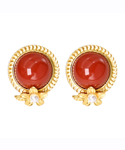 Red Sterling Silver Overgild Agate Pearl Stud Earrings