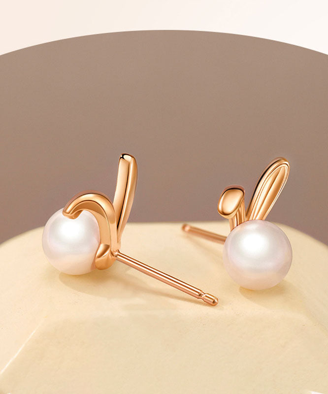 Rose Gold Rabbit Metal Pearl Stud Earrings