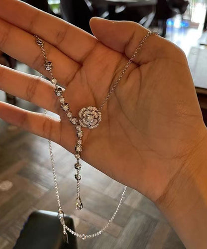 Silk Sterling Silver Zircon Rose Tassel Pendant Necklace Kx1034