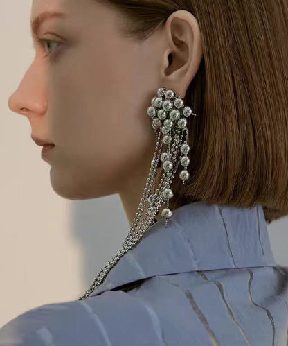 Silver Needle Single Piece Tassel Metal Ball Earrings