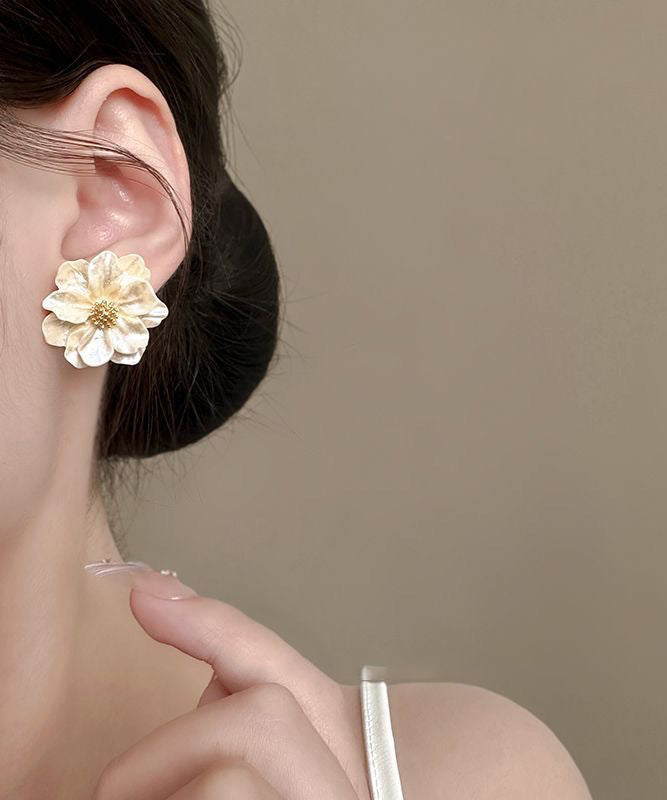 Stylish Beige Copper Alloy Acrylic Camellia Flower Stud Earrings