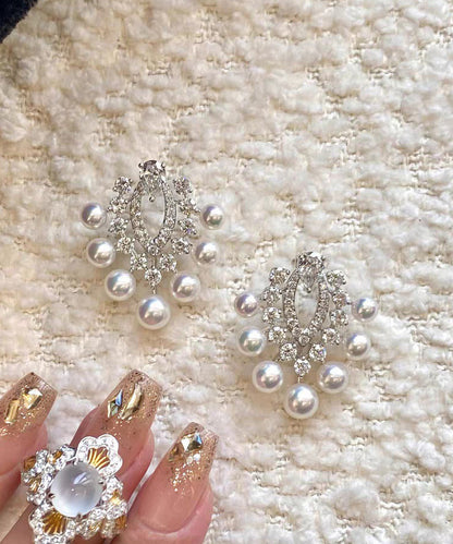 White Copper Zircon Pearl Stud Earrings