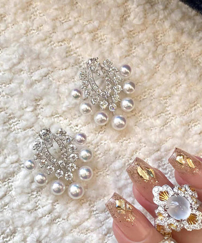 White Copper Zircon Pearl Stud Earrings