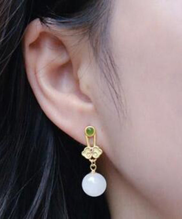 White Sterling Silver Jade Ruyi Drop Earrings