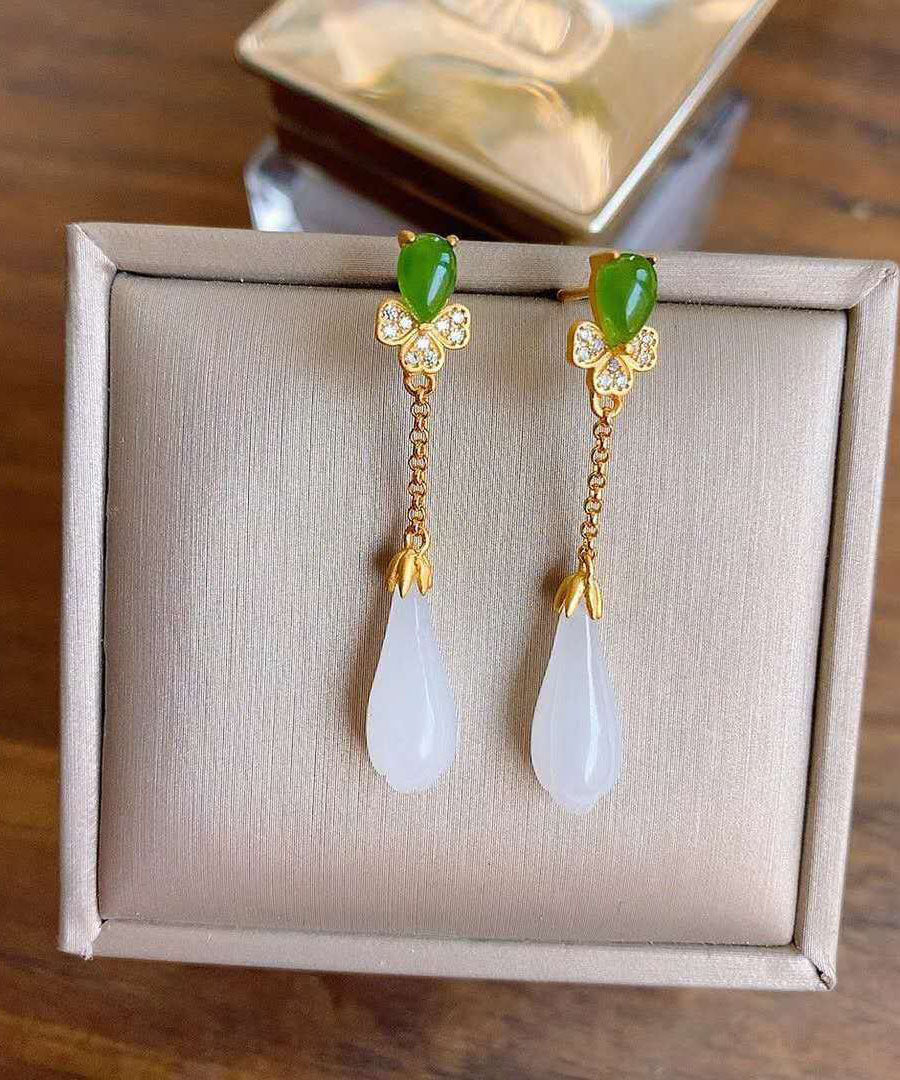 White Sterling Silver Overgild Jade Magnolia Drop Earrings