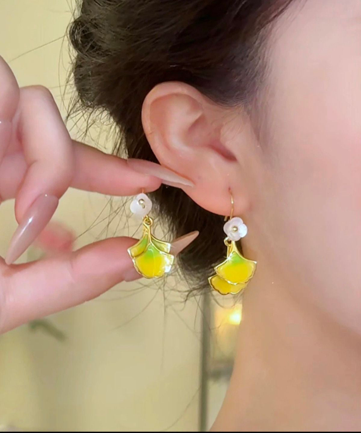 Yellow Copper Overgild Ginkgo Leaf Drop Earrings