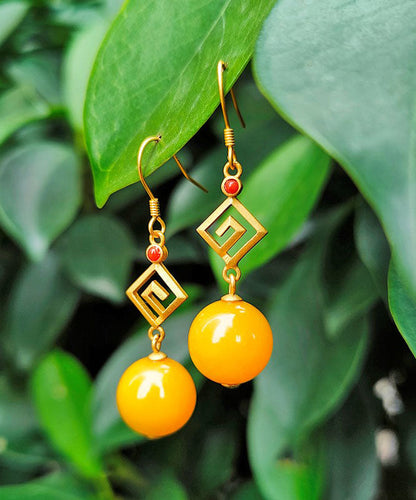 Yellow Sterling Silver Overgild Beeswax Agate Drop Earrings