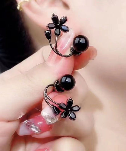 Fine Black Alloy Inlaid Gem Stone Stud Earrings