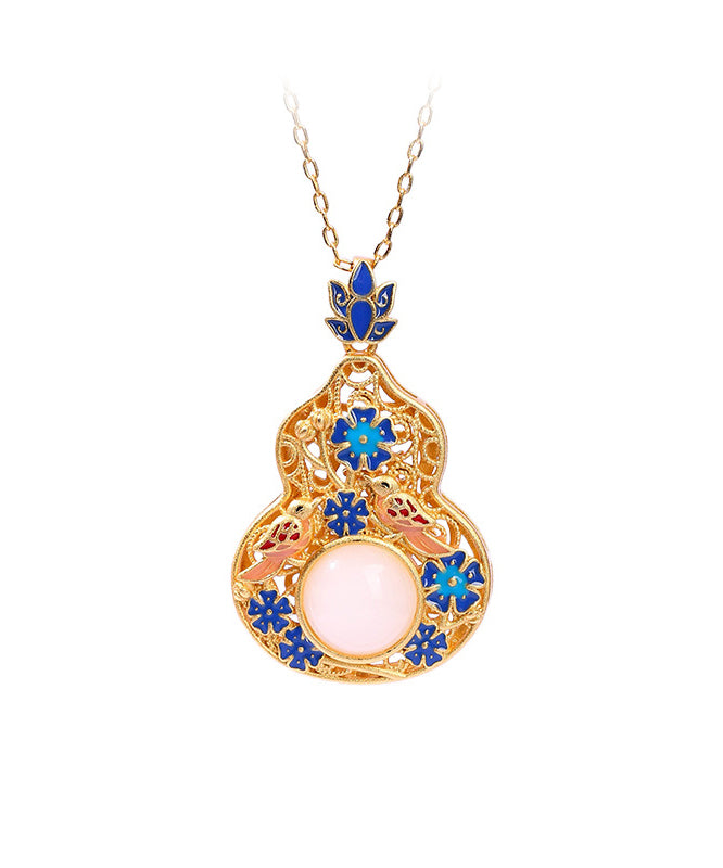 Fine Blue Ancient Gold Jade Enamel Lotus Flower Gourd Pendant Necklace Kx1073